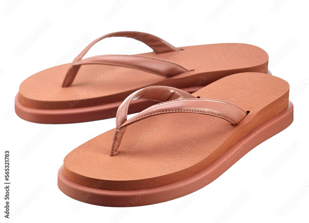 Pair of red-brown flip-flops with genuine leather straps on a massive sole. The trend of the season.
