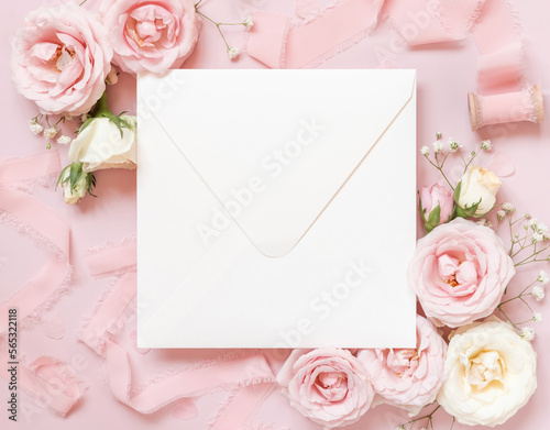 Square envelope between pink roses and pink silk ribbons on pink top view, wedding mockup