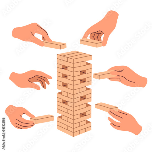 Jenga game. Game for kids and adults. Wooden block stack holding in hand. Board game, table game