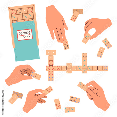 Domino game on table. People playing domino. Wooden chip of domino on board for gambling. Serie of wooden chip.