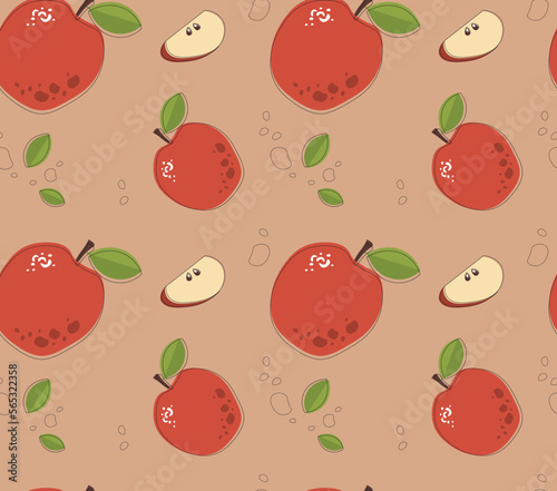 Vector seamless pattern of apple halves and leaves on pink background.