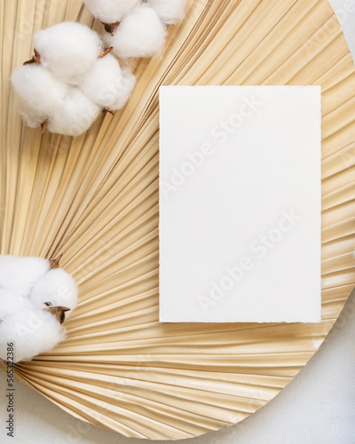 Blank card on dried palm leaf with cotton flowers top view, wedding mockup