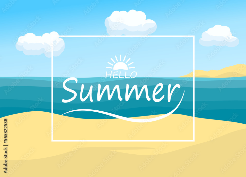 Hello Summer banner. Sand and sea with Lettering Hello Summer. Concept of seasonal recreation. vector illustration