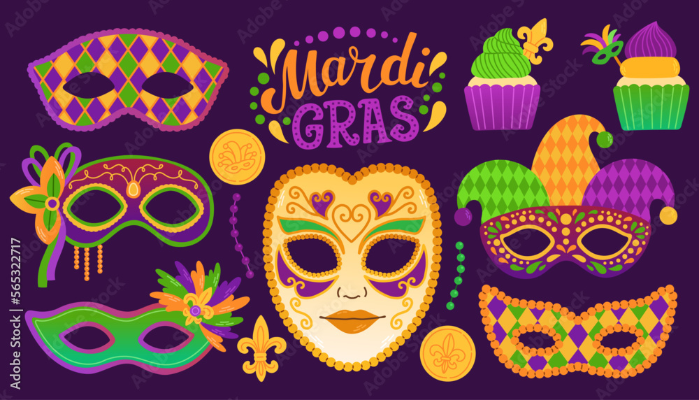 Mardi gras set carnival party elements. Fat tuesday, carnival, festival. Greeting card, banner, gift packaging, poster