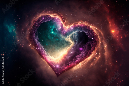Illustration of heart shaped colorful supernova nebula, stellar cloud, colorful galaxy, AI illustration © GERGEA