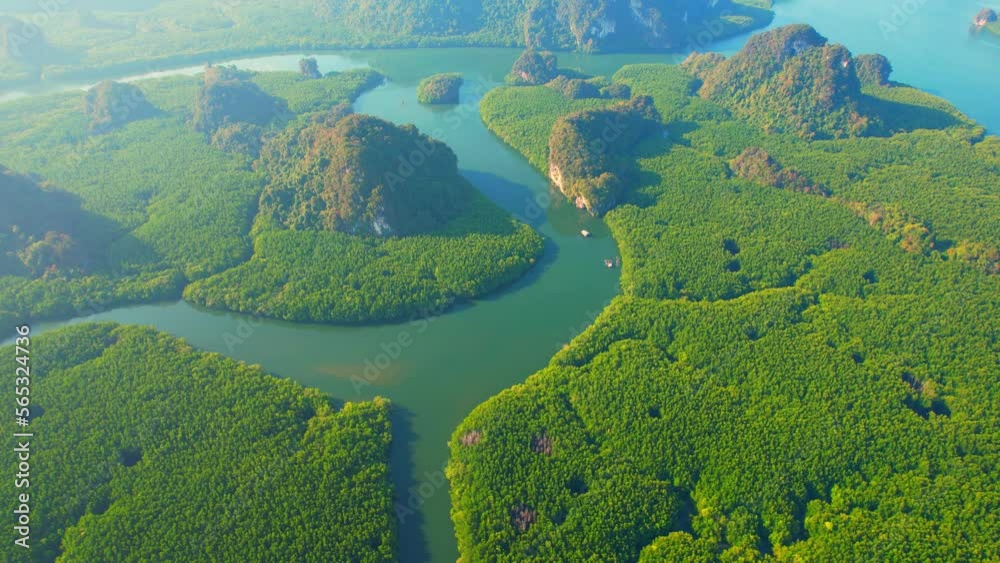 Aerial view over green mangrove forest in tropical rainforest, limestone mountain and beautiful curvy river. Krabi, Thailand. ecosystem and nature concept. High quality 4k footage. green background
Aerial view over green mangrove forest in tropical rainforest, limestone mountain and beautiful curvy river. Krabi, Thailand. ecosystem and nature concept. High quality 4k footage. green background
