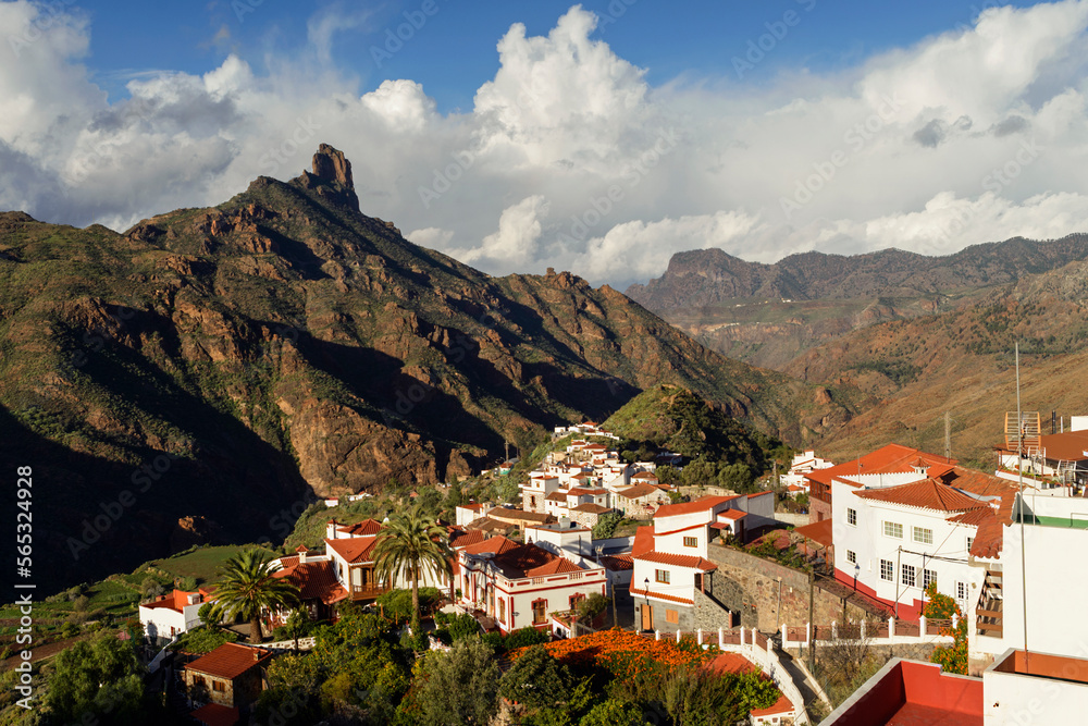 Tejeda is one of the most beautiful hill towns in the island with the sacred Bentayga Rock in the background, Gran Canary, Canary Islands, Spain