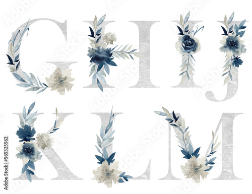 Watercolor floral alphabet with indigo flowers for wedding invitations, greeting card, birthday, logo, poster and other. 