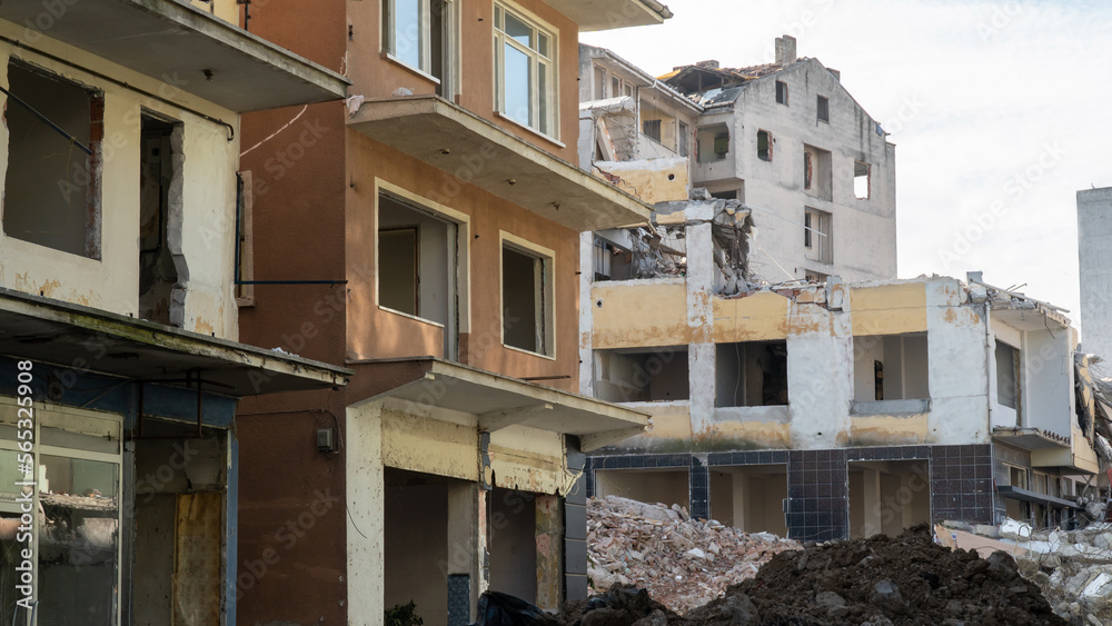 Ruined house during the process of urban transformation. Demolition of old buildings. Building demolition in urban transformations Ruined house during the process of urban transformation. Demolition of old buildings. Building demolition in urban transformations