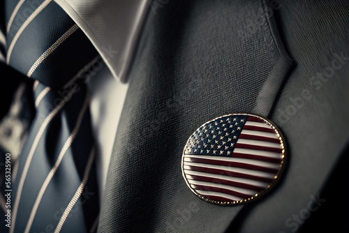 US flag badge close-up on the lapel of a man's business suit jacket. Based on Generative AI photo