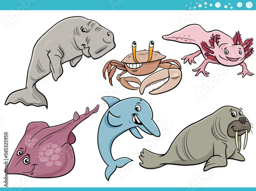 cartoon sea life or marine animal characters set