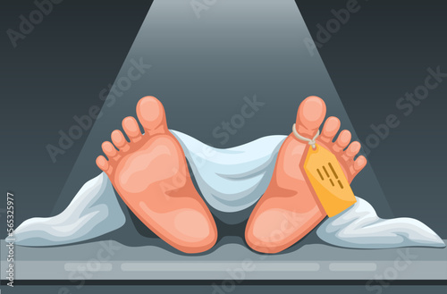 Dead body foot with tag health problem and criminal scene cartoon illustration vector 