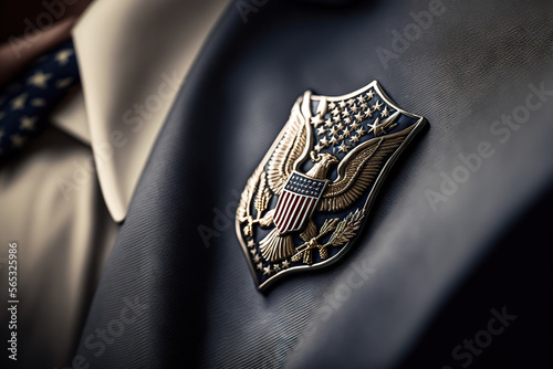 American eagle badge close-up on the lapel of a man's business suit jacket. Based on Generative AI photo