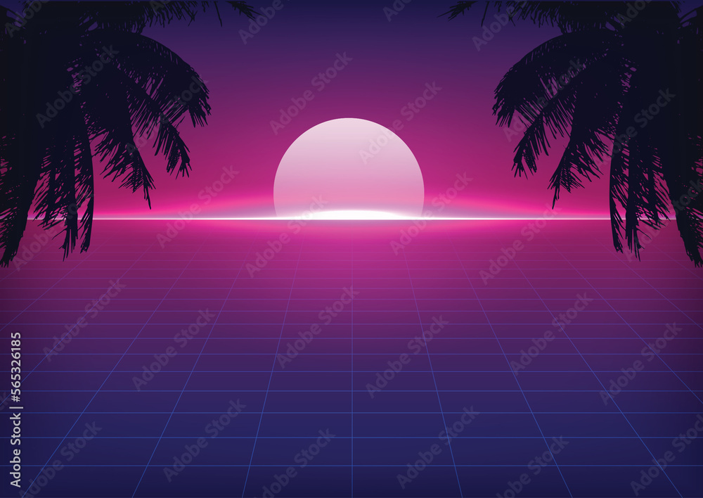 Fototapeta premium sunset on the beach. Retro palms vector sci fi background. Digital landscape cyber surface.