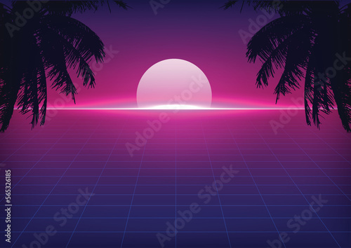 sunset on the beach. Retro palms vector sci fi background. Digital landscape cyber surface. © thekopmylife