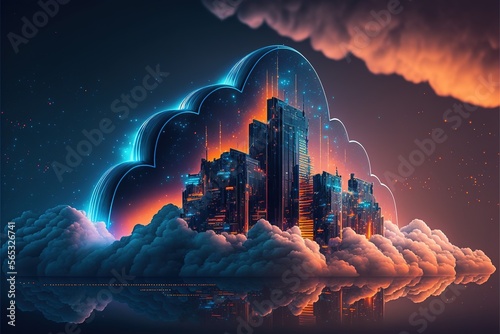 Cloud computing technology concept. Cyber security. Smart city and digital cloud data center.Futuristic big data processing cloud. Generative AI photo