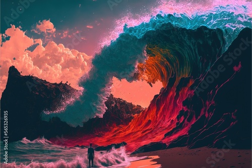 A huge wave covers the rock. A man stands in front of the waves. Separation of the sea. Red pink sunset. Little man in front of a big wave. Generative AI 