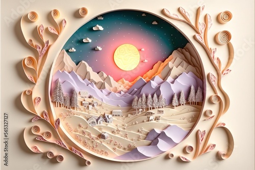3D paper cut illustration paper. Vanilla fantasy world landscape. Quilling paper art style. Purple colored mountains, big setting sun, cute little town in the mountains. Generative AI