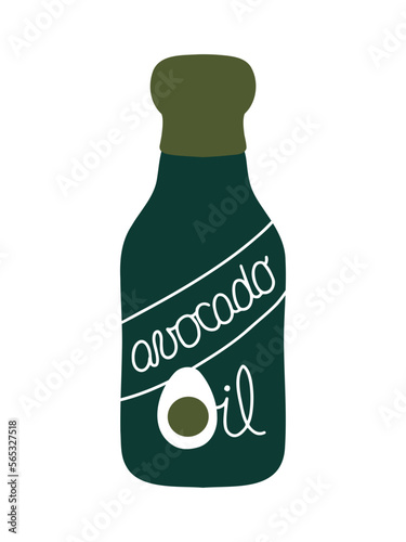 Avocado oil. Organic product bottle. Vector hand drawn illustration with hand written lettering for your design.