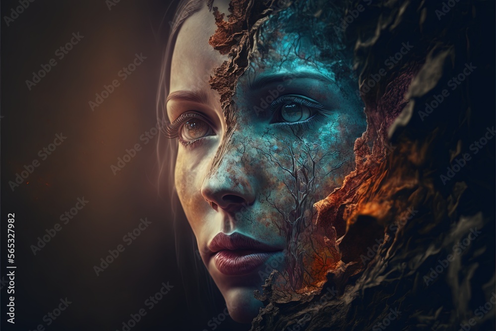 Abstract portrait of a beautiful woman double exposure with a colorful digital paint splash or space nebula. Vibrant, In Watercolour, Manga, Side profile. Generative AI