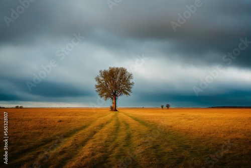 Illustration photo of lonely tree standing in a landscape with sky and clouds in the background