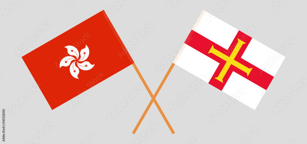 Crossed flags of Hong Kong and Bailiwick of Guernsey. Official colors. Correct proportion
