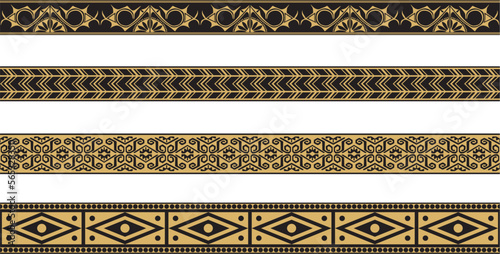 Vector set of gold and black native american ornamental seamless borders. Framework of the peoples of America, Aztecs, Maya, Incas..