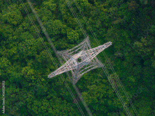 Aerial view of electricity tower on mountain