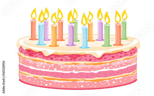 One big pink sweet birthday cake decorated on top with colored lighted candles isolated holiday illustration, big beautiful holiday cake with many layers and many small candles