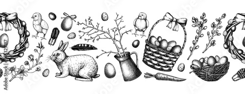 Seamless Easter ribbon design with cute characters and spring decor elements. Hand drawn bunnies, eggs, chickens, flowers and flowering trees background. Vector template with Holiday sketches