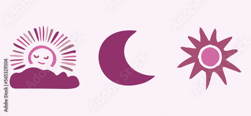 Cute whimsical sun and moon set of vector motifs. Illustration of night and day sky collection for children clipart. 
