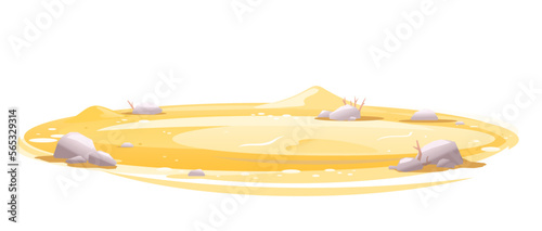 Empty sandy lawn with stones isolated, summer sunny oval glade, sand surface glade template, unfriendly deserted place, arid deserted place without water and with dried plants