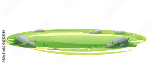 Empty green lawn with grass and stones isolated, summer sunny oval glade, empty glade template, place for picnics and recreation, perfect place to set up tent, sunny lawn for campsite setup