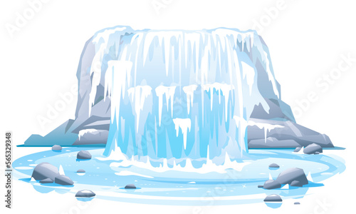 Frozen river waterfall falls from cliff in front view isolated illustration, picturesque tourist attraction with frozen waterfall, natural phenomenon of quite frozen waterfall on steep rocky stream