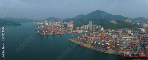Photography Shenzhen ,China - Circa 2022: Aerial view of container ship in Yantian port in S