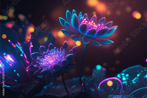 illustration neon lotus lake