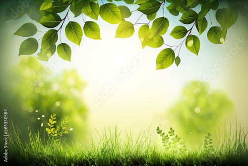 Spring background with green leaves and grass with empty copy space generative ai