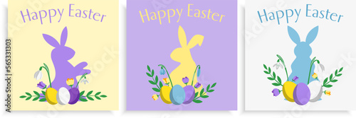 Set of three Easter card design templates with bunnies and flowers flat style pastel coloured