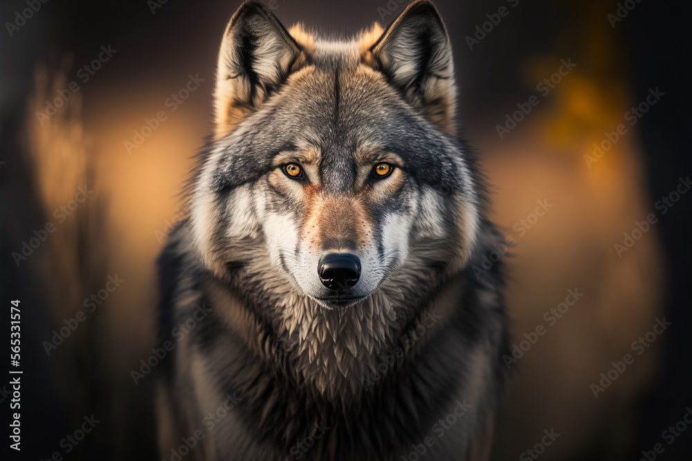 Portrait of a wild gray wolf in a natural forest habitat, generative ai
