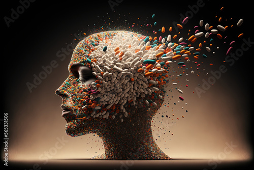head and brain from which pills fly out, 3d render, ai generated