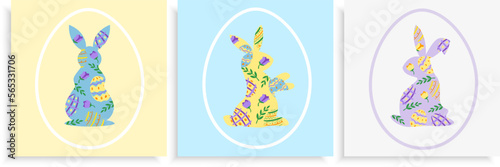 Set of three Easter card design templates with bunnies and eggs flat style pastel coloured