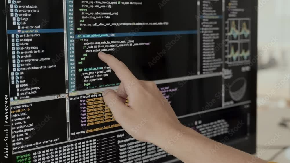 Unrecognizable software developer reading program code on black screen ...