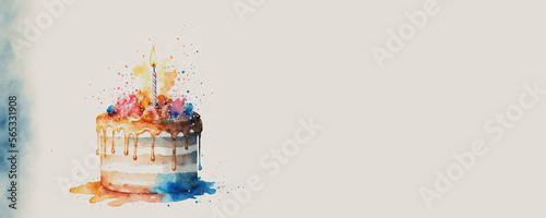 Happy Birthday - Cake with copy space - Watercolor  Generative AI Art 