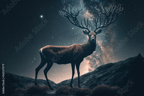 deer in the mountains  milky way sky. 3d render  AI Generated