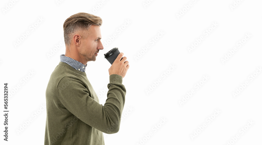 man drinking coffee isolated on white with copy space. man drinking coffee in studio. man drinking coffee isolated on white with copy space. man drinking coffee in studio.