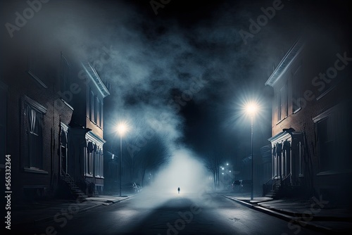 Dark empty street view, blue fog and spotlights at night. Created with generative AI. 