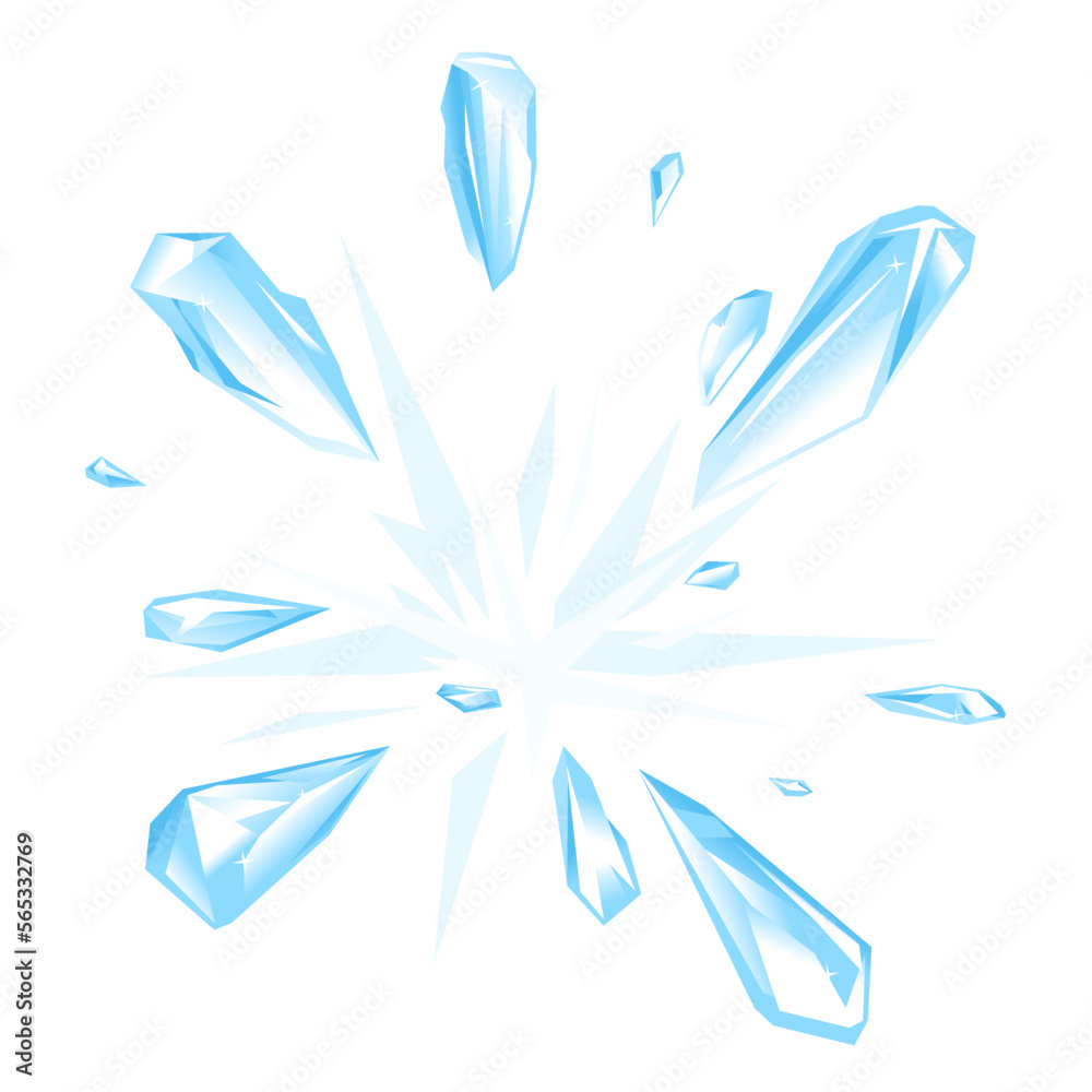Shards of ice fly from explosion isolated illustration, explosive freshness and coolness conceptual illustration, small sharp fragments of broken ice fly away from the center Shards of ice fly from explosion isolated illustration, explosive freshness and coolness conceptual illustration, small sharp fragments of broken ice fly away from the center