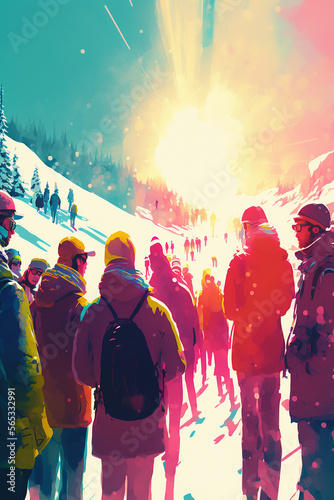 Vector Art of a Group of Excited Skiers. Created with Generative AI.