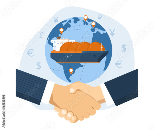 LNG trading concept using gas carrier ships. Vector illustration.