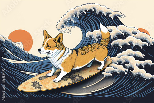 Valokuvatapetti Happy corgy dog surfing on great wave off kanagawa wave, illustration